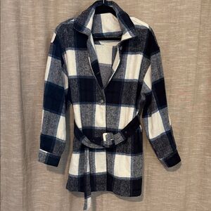 Plaid Button-Front Belted Jacket - Navy & White